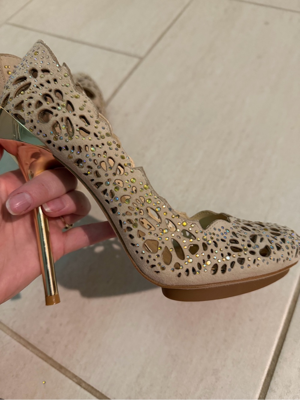 BCBGMaxAzria Peacock Nude Laser-Cut Pumps with Gold Stiletto Heel - Picture 5 of 14